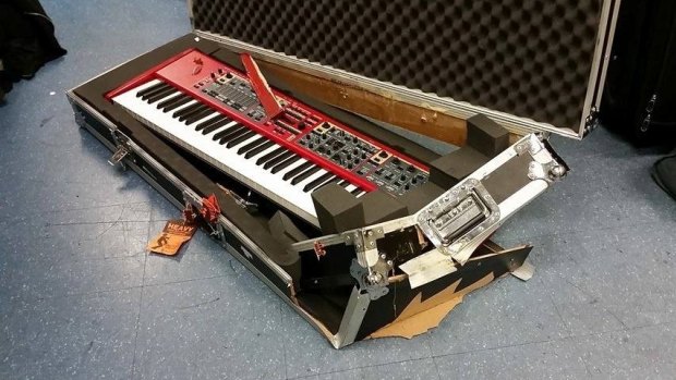 A $5000 keyboard was also wrecked after English and his band checked in their instruments for the Virgin flight to Sydney.