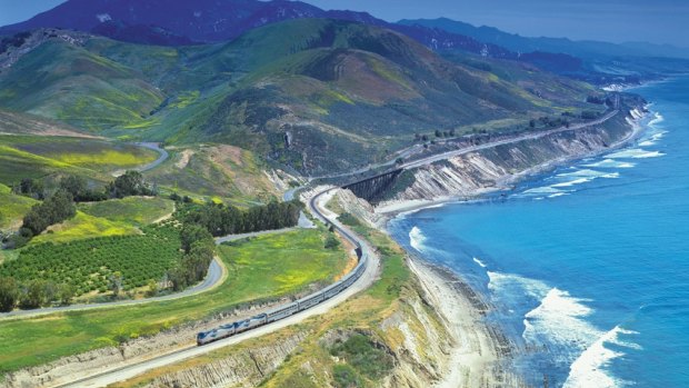 The train hugs the Pacific coast.
