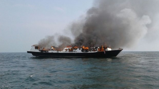 The Zahro Express ablaze at sea about 20 minutes after leaving port in Jakarta on New Year's Day. 