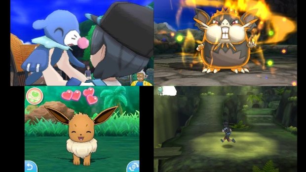 Clockwise from top left: Meeting new water Pokemon Popplio; a powerful Totem version of Alolan Raticate; exploring a forest; petting an Eevee in Pokemon Refresh mode. 