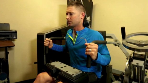 Michael Clarke on the MedX spinal machine on Tuesday. 