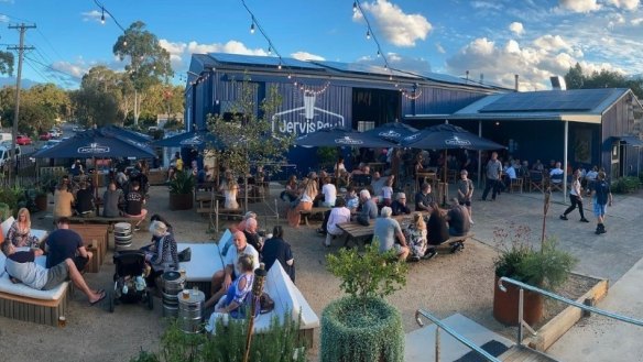 Overhead festoon lights show the way to Jervis Bay Brewing Co., just outside Huskisson.