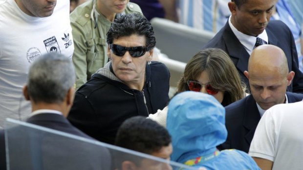 Diego Maradona in the stands during the Argentina v Iran 2014 World Cup match game at Mineirao Stadium in Belo Horizonte.