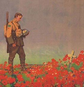 A World War I soldier in a poppy field.