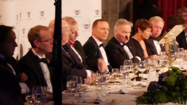 Tony Abbott, fifth from left, with his wife Margaret, second from right, at the Margaret Thatcher lecture in Britain.