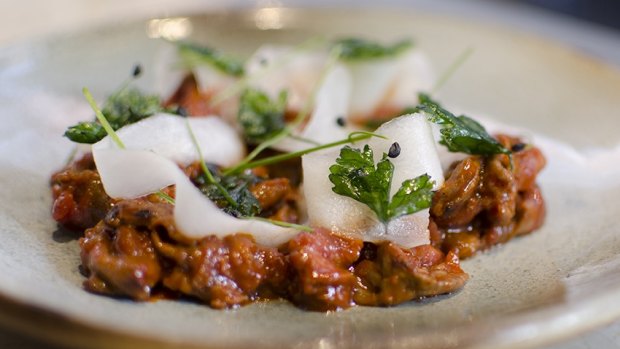 Char-grilled beef with daikon, saltbush and gochujang at the Dispensary in Bendigo.