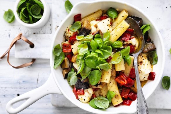 Rigatoni with eggplant, capsicum and bocconcini.