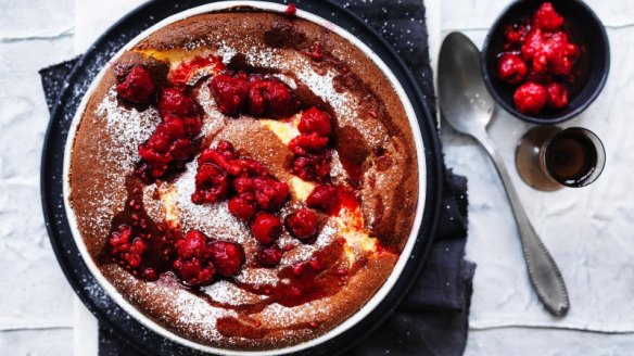 Ricotta souffle pudding with raspberries.