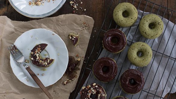 Vegan matcha doughnuts with chocolate ganache.