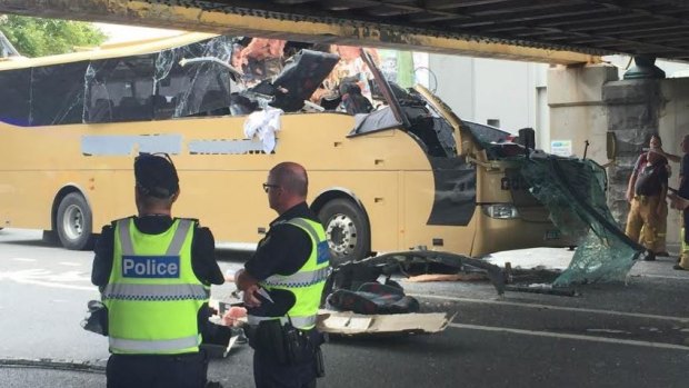The bus that crashed at the Montague Street underpass.