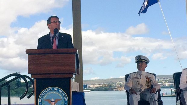 US Defence Secretary Ashton Carter delivers his speech during the change-of-command ceremony for the US Pacific Fleet at Pearl Harbour, Hawaii.