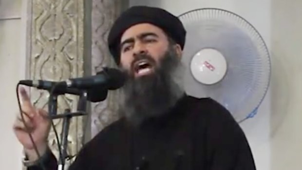 Islamic State leader Abu Bakr al-Baghdadi addresses inhabitants of Mosul in 2014, shortly after the group's conquest of the city.