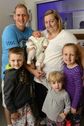 Jake tipped the scales but it was no surprise to mum Nicole; two of her other children both weighed 11 pounds at birth. Siblings Brodie, Ella and Ruby met Jake for the first time on Wednesday.