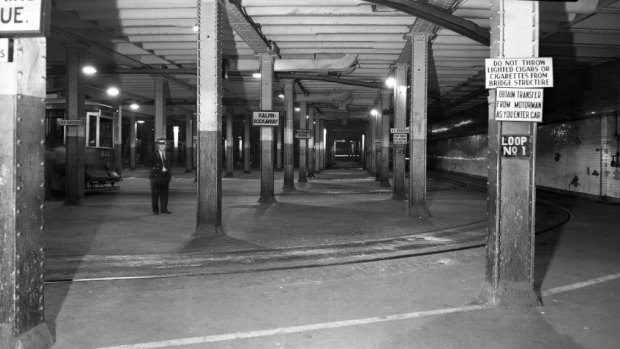Before: the Delancey Street Trolley Terminal under New York's Lower East Side, circa 1940. 