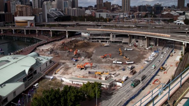 Restructing effort: Final stages of the demolition of the Sydney Convention Centre, Darling Harbour.