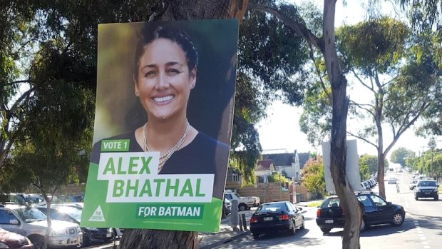 Greens campaign posters screwed into trees on Clarendon Street, Thornbury.