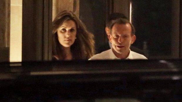 Former prime minister Tony Abbott and his then chief-of-staff Peta Credlin emerge from the lobby of Rupert Murdoch's apartment in Central Park West, New York after private dinner on Tuesday 10 June, 2014.