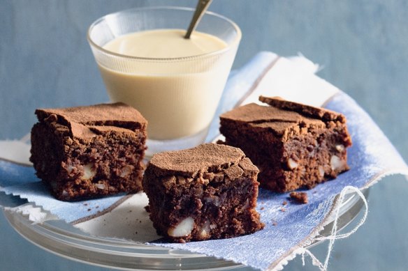 Macadamia brownies with coffee custard.