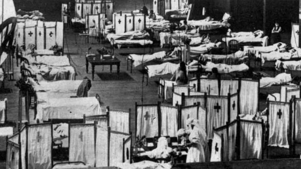 Patients quarantined at Melbourne's Royal Exhibition Building during the influenza pandemic of 1918.