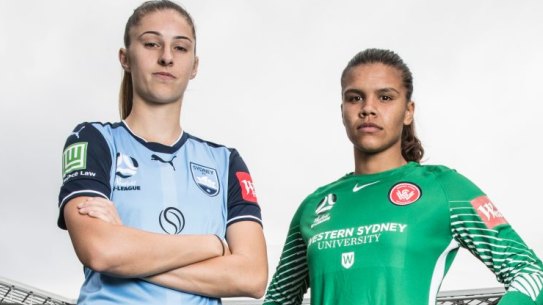 Amy Harriosn from Sydney FC, with Jada Whyman from Western Sydney Wanderers FC, photographed at ANZ Stadium, Sydney Olympic Park, on 6 December 2017. Photo: Jessica Hromas