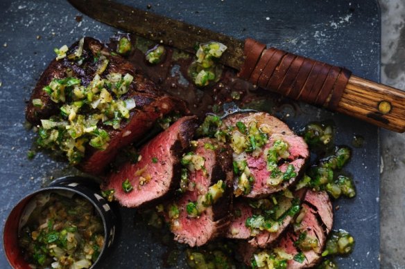 Rare roast beef with blackened green chilli salsa.