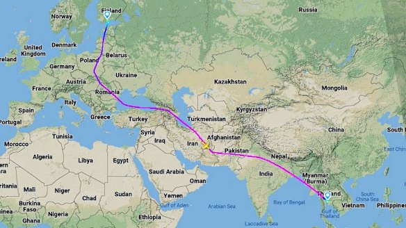 Finnair's new route from Helsinki to Bangkok, avoiding Russian airspace.