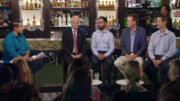 Marc Fennell hosts a lock out laws panel on The Feed featuring Senator David Leyonhjelm, Tyson Koh, Anthony Lynham and Tony Grabs.