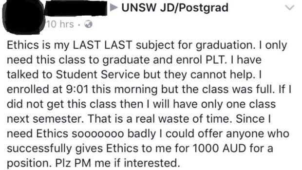 A student offered to pay $1000 for a place in a UNSW juris doctor summer class. 