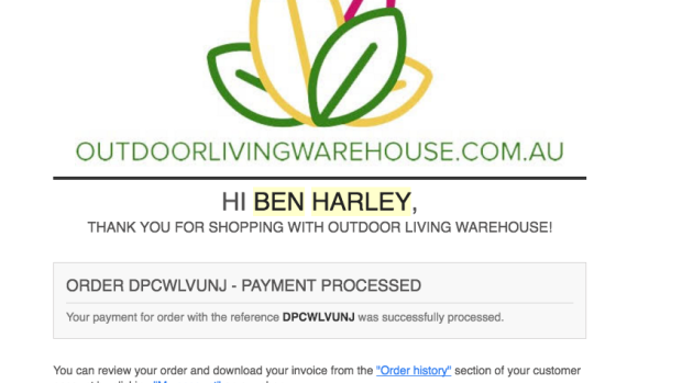 One of the confirmation emails Ben Harley received after paying for a Weber barbecue on Outdoor Living Warehouse, a scam site.