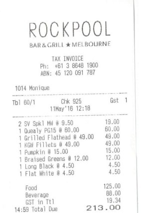 Receipt for lunch at Rockpool.