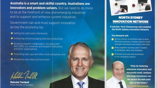 A glossy brochure featuring Prime Minister Malcolm Turnbull and North Sydney candidate Trent Zimmerman.
