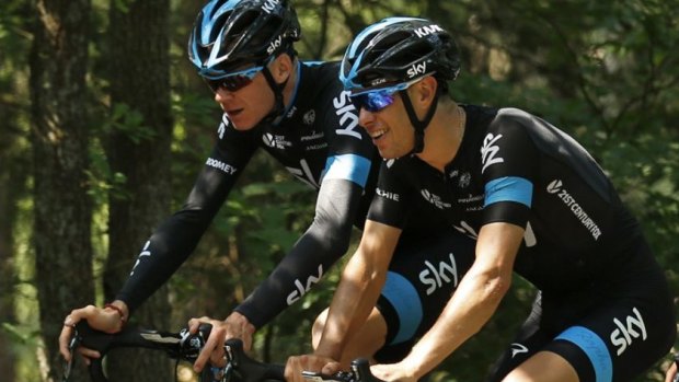 Richie Porte (right) talks with Sky team leader Chris Froome during a training session in Zeist, Netherlands.