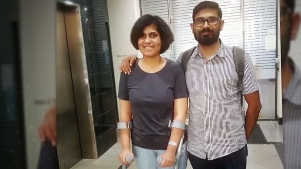 Nethra Krishnamurthy, pictured with husband Mohan Kumar, is still undergoing rehabilitation for the injuries she suffered in the attack.