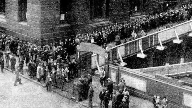 Crowds waiting to purchase tickets in the NSW State lottery. This picture was obtained shortly before 4pm, nearly six hours after the office was opened to the public. 