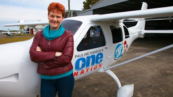 Pauline Hanson poses in front of the One Nation plane during her 'Fed Up' tour.