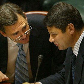 Former Victorian premiers Steve Bracks and John Brumby in parliament.