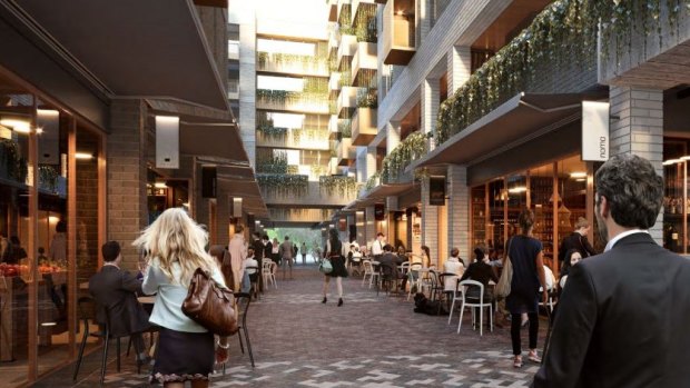An artist's impression of the proposed new "Challis Lane", a six-metre wide "intimate" laneway between two new buildings proposed for Dickson.