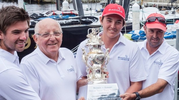 Giacomo crew: Nikolas Delegat, Jim Delegat, James Delegat and Steve Cotton with the Tattersall's Cup for overall victory in Sydney to Hobart yacht race.