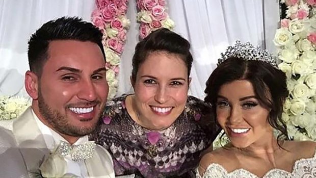 Missy Higgins with Auburn deputy mayor Salim Mehajer and his wife Aysha on their wedding day last Saturday.