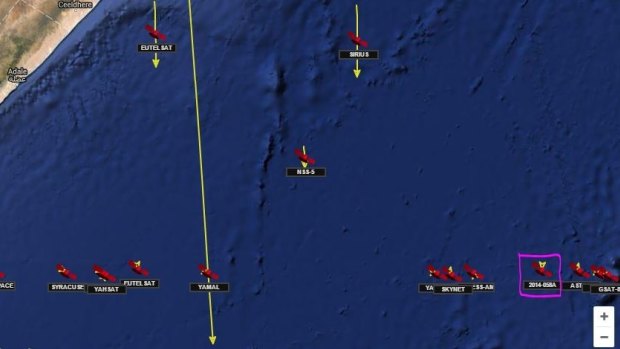 Luch/Olymp outlined in purple on November 23, 2014, over the Indian Ocean. 