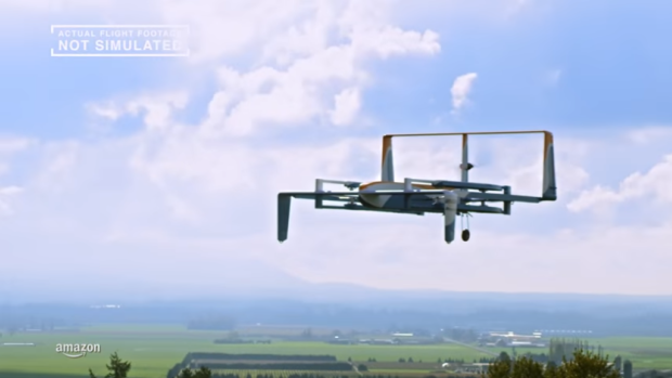 Amazon's drone en route to deliver a pair of shoes in the company's new ad.
