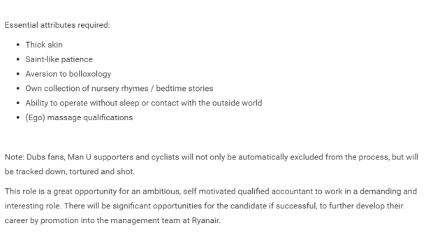 The job description as published on the Ryanair website.