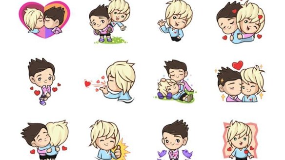 A collection of gay emojis available on the LINE Store in Australia but now unavailable to Indonesians.