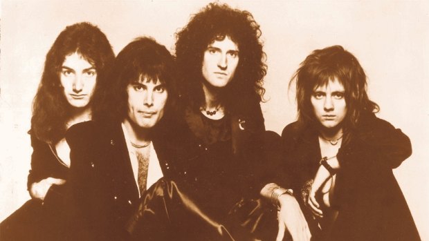 Queen, with  drummer Roger Taylor far right, in the mid-'70s. 