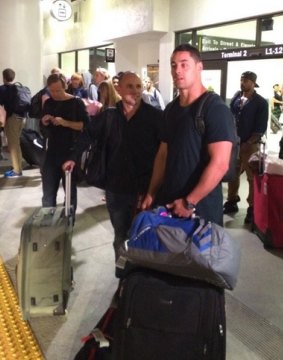 Touchdown: Jarryd Hayne after arriving at Los Angeles Airport.