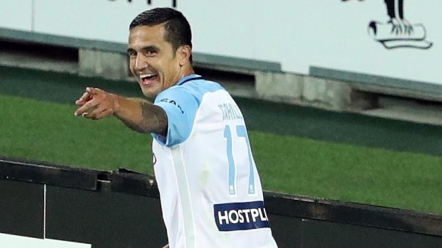 Melbourne City's Tim Cahill celebrates his goal against Western Sydney at AAMI Park.