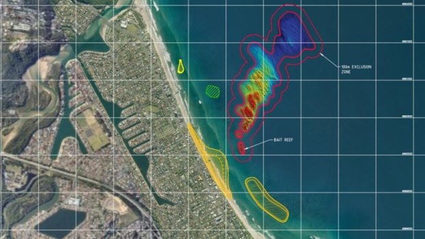 The planned Palm Beach artificial reef, with the new "reef" shown as the light green shape.