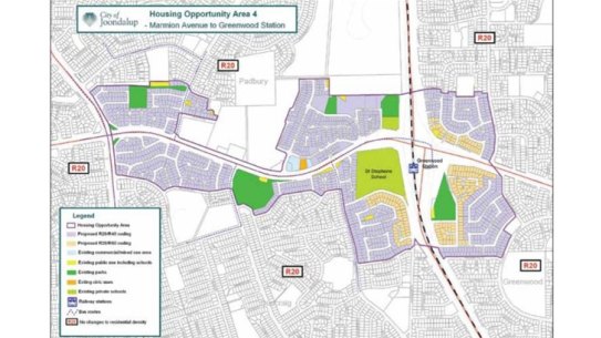 The City of Joondalup has a local infill program aimed at increasing density around key amenities and public transport hubs. This map shows an area specially zoned around Greenwood Station.