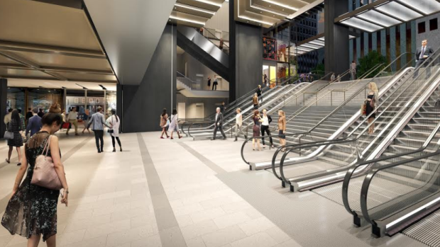 A visualisation of the escalators at a redeveloped Wynyard station concourse.
