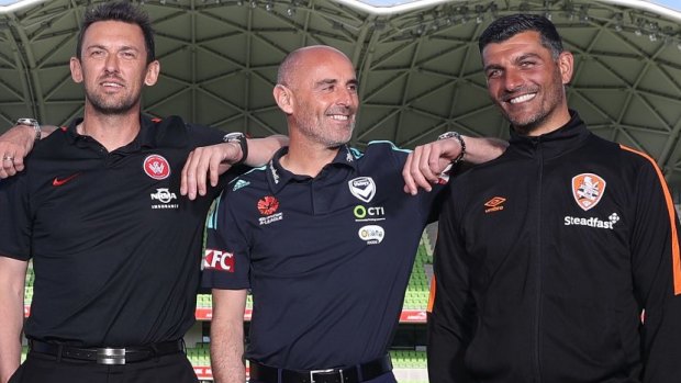Contenders: Wanderers coach Tony Popovic, Victory coach Kevin Muscat and Roar coach John Aloisi.